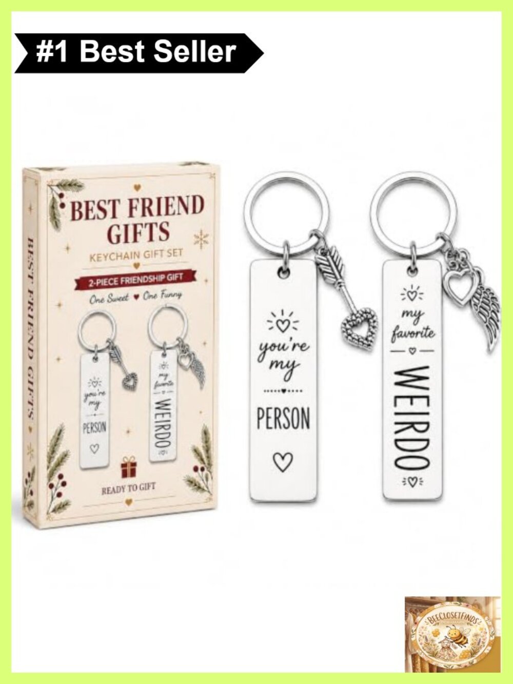 2 Pack Stainless Steel Keychain Gift Set Best Friend Keyrings Charms